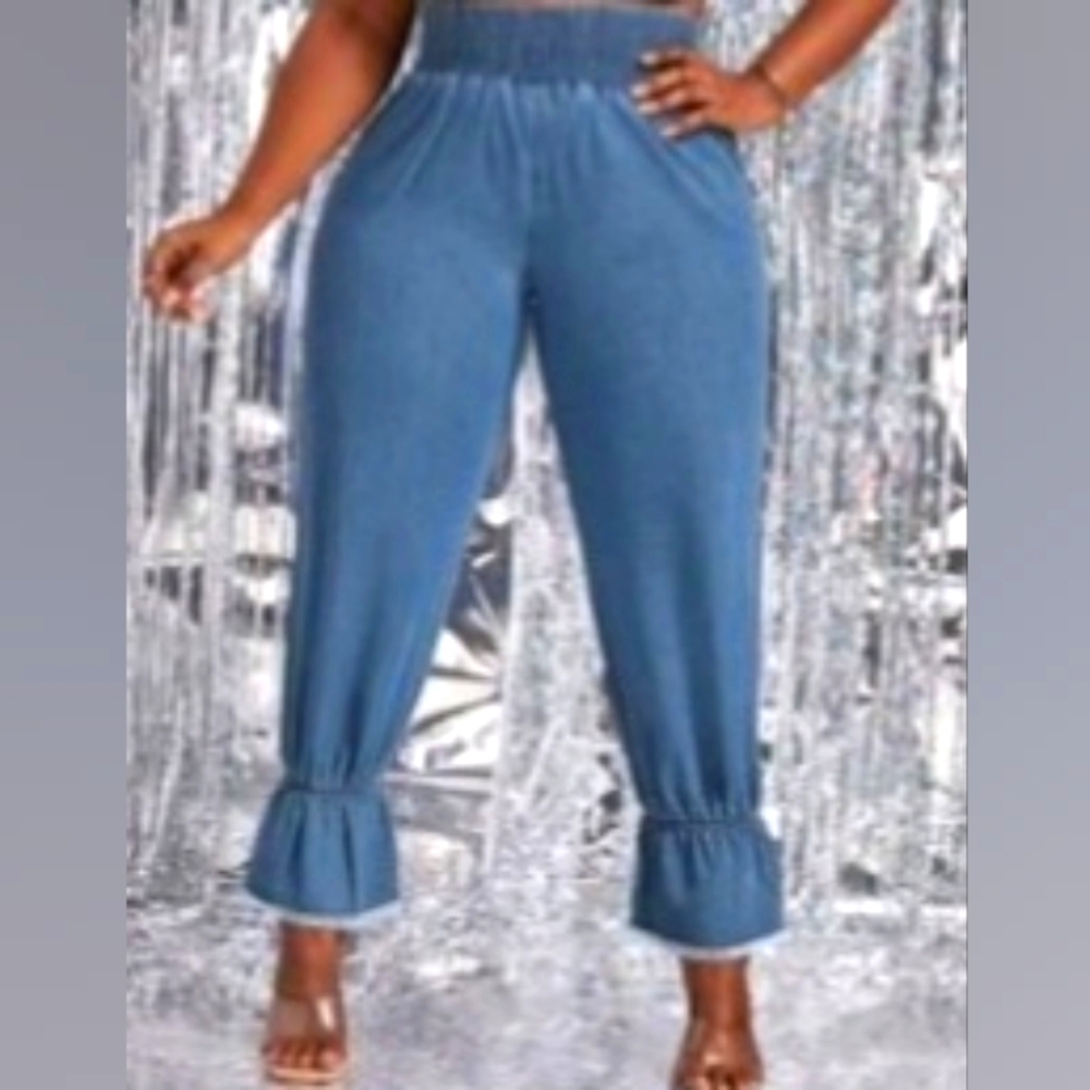 SHEIN Blue Ruffle Hem Elastic Waist Jeans